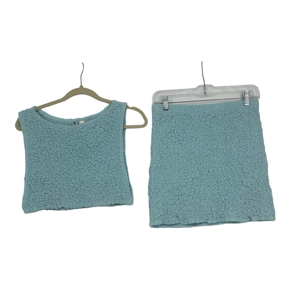 Free People Blue Textured Crop Tank and Mini Skirt Set